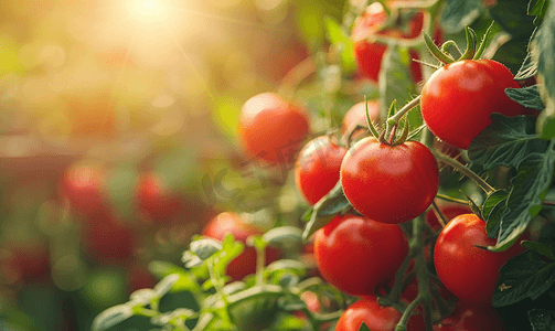一堆水果卡通摄影照片_有机花园中生长的藤蔓植物上挂着新鲜的红熟西红柿