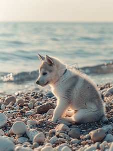 哈士奇疑问摄影照片_可爱的哈士奇小狗在沙滩上的鹅卵石上玩耍宠物爱