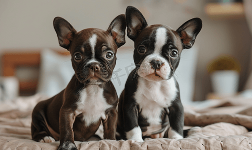 两只可爱的小波士顿梗犬坐在床上的肖像