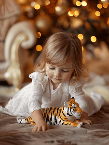 黑色圣诞背景摄影照片_孩子在棕色衣服上玩着可爱的小圣诞老虎玩具穿着白色连衣裙