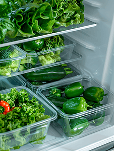 冰箱架子上塑料食品容器中的绿色蔬菜沙拉和胡椒