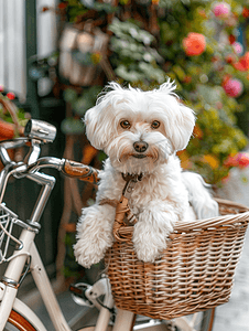 一只可爱的白狗在篮子里骑着老式自行车