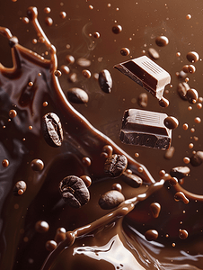 液体巧克力摄影照片_巧克力可可和咖啡飞溅