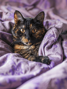躺着休息摄影照片_可爱的龟甲猫正躺在床上的紫色毯子上
