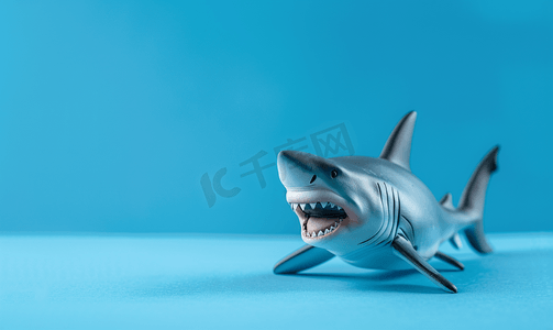 儿童动物背景摄影照片_蓝色背景中的露齿鲨鱼玩具有自由空间