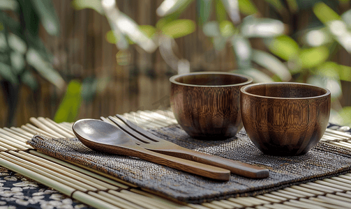 亚洲竹背上的深色木勺叉和空杯