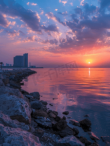 多彩夏季摄影照片_吉达滨海路的日落美丽而多彩