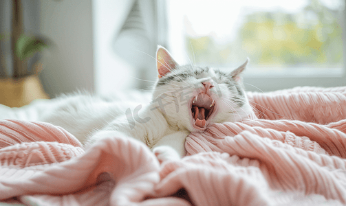 粉色龟背叶摄影照片_窗户附近粉色毯子上睡着打哈欠的蓝白猫的照片