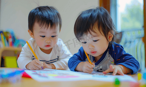 女孩素描摄影照片_亚洲兄弟姐妹在纸上绘画着色