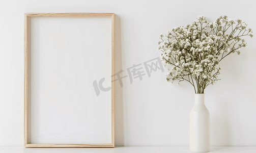 vi台历样机摄影照片_白墙上满天星花白色花瓶的木制垂直框架