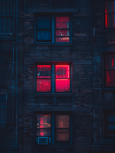 黑暗中的窗户灯夜间建筑中的霓虹灯