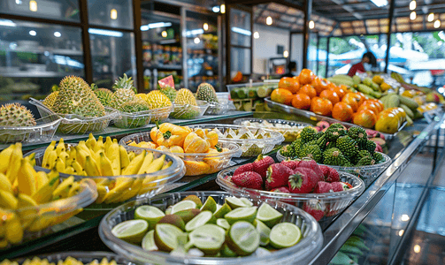 泰国普吉岛食品市场柜台景观与异国情调的水果