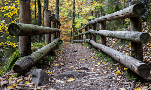 小村庄手绘摄影照片_徒步小径上用木梁制成的围栏