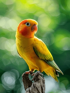 黄色爱情鸟栖息在木头上具有绿色自然背景概念是可爱的宠物鸟