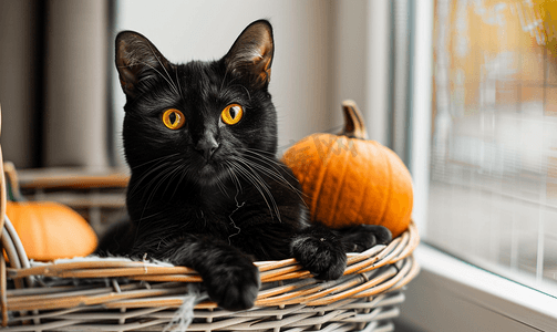 黑猫是万圣节的象征放在柳条篮里还有橙色的南瓜