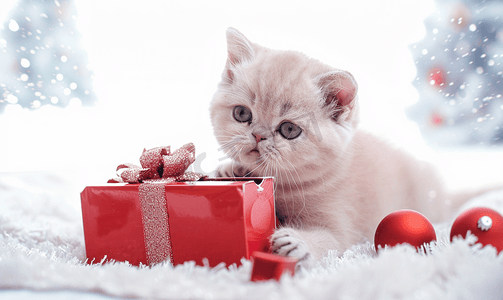 异国情调的短毛波斯小猫打开一个红色盒子里面装着礼物