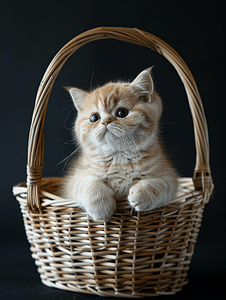 一只异国短毛猫品种的小猫坐在深色背景的柳条篮里