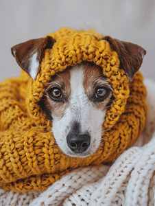保暖棉拖摄影照片_杰克罗素梗犬在羊毛毛衣下保暖宠物护理概念