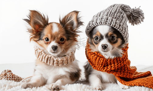 两只可爱的巴比龙小狗坐在针织围巾和白色背景上的帽子