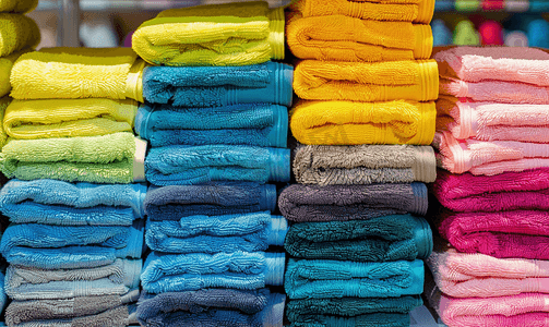 市场销售棉毛巾架上的多色毛巾堆彩色棉