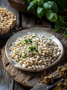 发芽的食物在质朴的木质背景上盘子里放着发芽的豆子宏观营养学