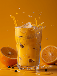 透明玻璃中的橙色冰浓缩泰式奶茶