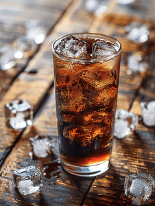 饮料碳酸摄影照片_可乐可乐饮料加冰块放在玻璃杯中放在木质背景上