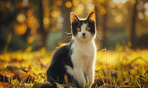 阳光明媚的日子里黄眼睛的严肃黑白猫正坐在公园的草地上