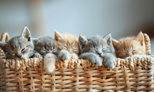 喂养小猫摄影照片_四只英国小猫坐在柳条篮里一只小猫正在睡觉