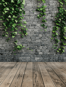 空木地板与绿色植物与灰色砖墙背景