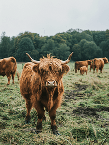 高地牛摄影照片_毛茸茸的棕色高地牛和其他牛在田野里