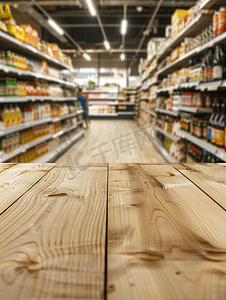 设计超市摄影照片_空木桌面超市杂货店过道和货架背景模糊