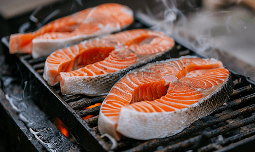 烤架上的新鲜鲑鱼排在街边后院烹饪的概念
