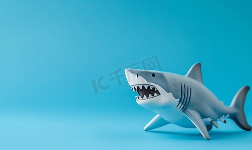 鱼儿童摄影照片_蓝色背景中的露齿鲨鱼玩具有自由空间