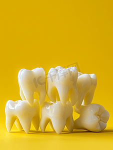 医学实践摄影照片_很多智齿有蛀牙黄色背景