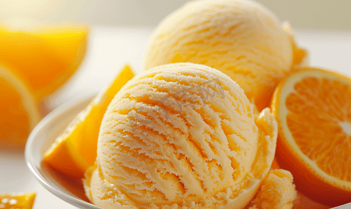 冷冻卡通摄影照片_在桌上吃橙味冰淇淋