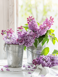 白色木桌上的桶里放着春紫丁香的枝条