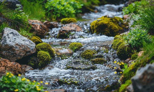 绿色苔藓和植物的山溪和岩石风景