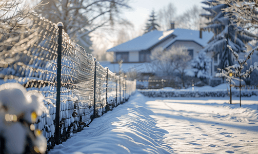 冬天的围栏网房子周围的围栏城外的房子