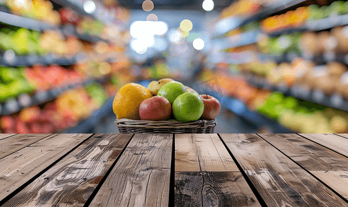 超市水果柜台摄影照片_空木桌面篮子超市杂货店背景中水果模糊