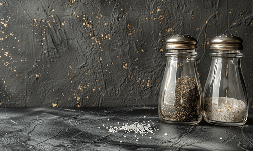 厨房背景ai摄影照片_黑色混凝土背景上带有复印空间的胡椒和盐玻璃瓶