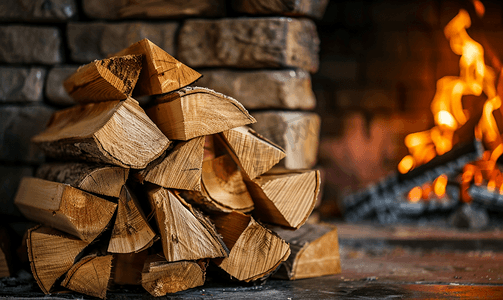 室内砖壁炉中的木材和火堆