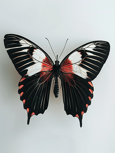 黑红撞色摄影照片_张开翅膀的黑红白蝴蝶