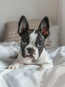 一只可爱的小波士顿梗犬躺在床上的肖像