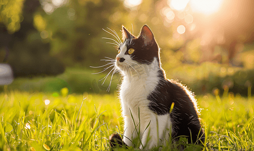 坐草地上摄影照片_阳光明媚的日子一只黄眼睛的黑白猫坐在公园的草地上