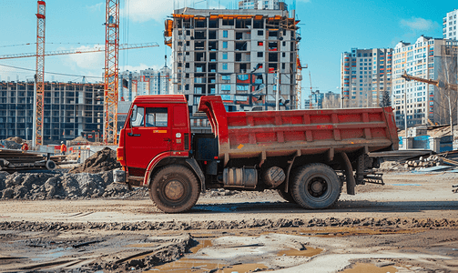 红色光荣榜摄影照片_建筑工地上的一辆红色自卸卡车