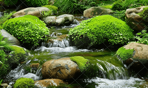 绿色苔藓和植物的山溪和岩石风景