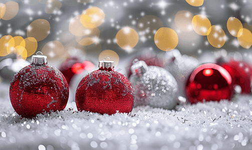 红色和银色闪亮的圣诞球闪闪发光的新年假期贺卡