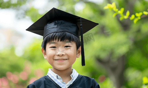 毕业生背景摄影照片_快乐的亚洲学校孩子毕业戴着毕业帽