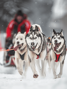 奔跑比赛摄影照片_雪橇犬比赛哈士奇雪橇犬队与狗司机一起拉雪橇冬季比赛